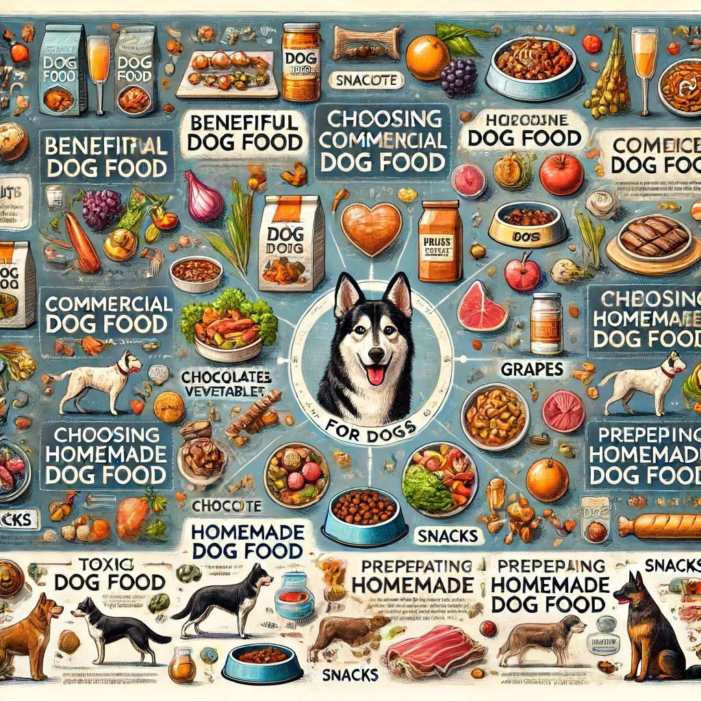 What foods are beneficial or harmful to dogs, how to choose dog food, make homemade dog food and treats, and issues of nutritional balance in the diet.