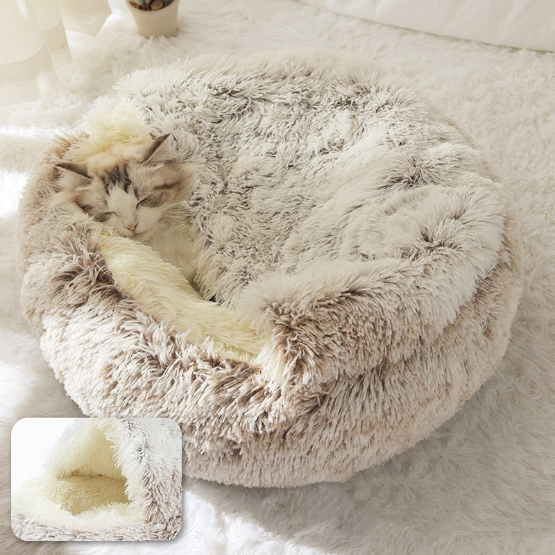 Pet Dog Cat Bed Round Plush Cat Warm Bed House Soft Long Plush Bed For Small Dogs For Cats Nest 2 In 1 Cat Bed