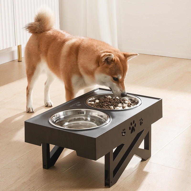 Dog Bowl: Protect Your Pup's Neck and Up Your Style Game with Our Folding Stainless Steel Pet Feeder Bowl on a Lifting Table!